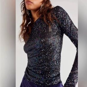 Free People Gold Rush Sequin Top Black Long Sleeve SMALL Party NEW W Tag $78